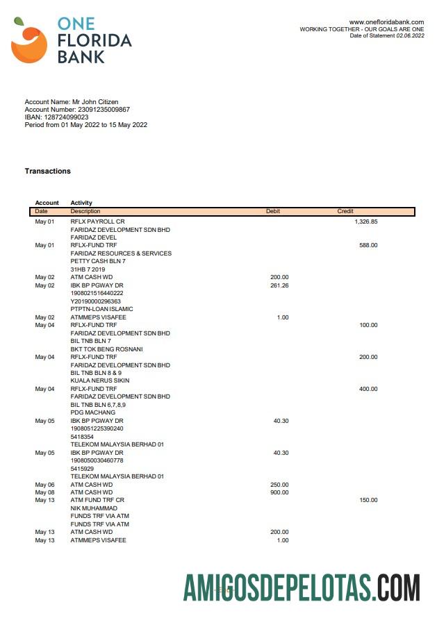 Exemplo de extrato bancário US One Florida